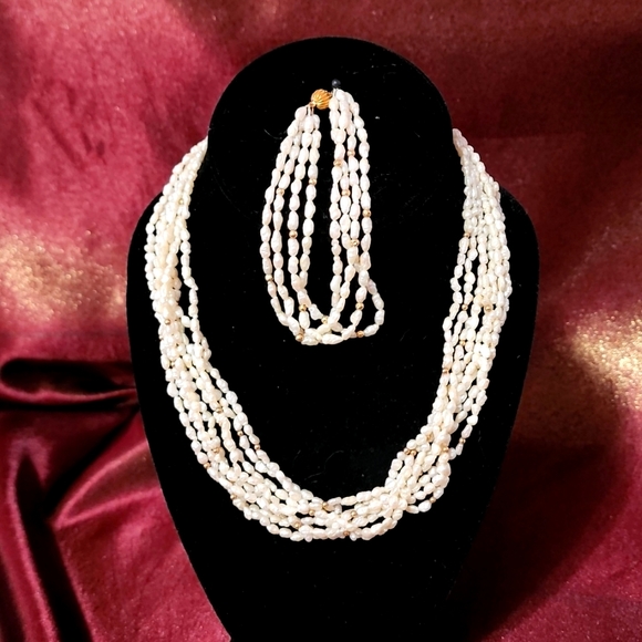 Seed pearl and 14k gold necklace and bracelet